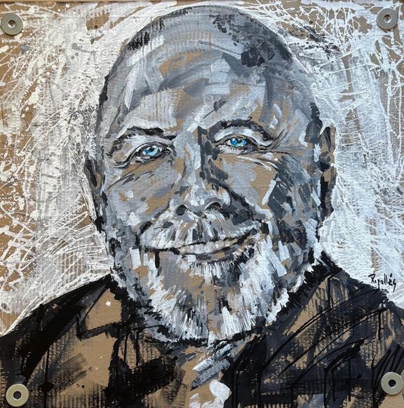 Retrato por encargo, de figura de hombre, sobre soporte de cartón reciclado. En blanco y negro en el que destacan los ojos de color azul turquesa.