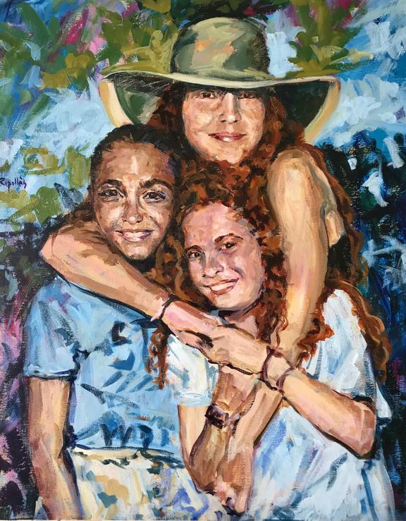 Retrato por encargo de tres hermanas. Unidas por las manos y abrazadas entre ellas. Caras sonrientes y colores suaves. Pintura impresionista.