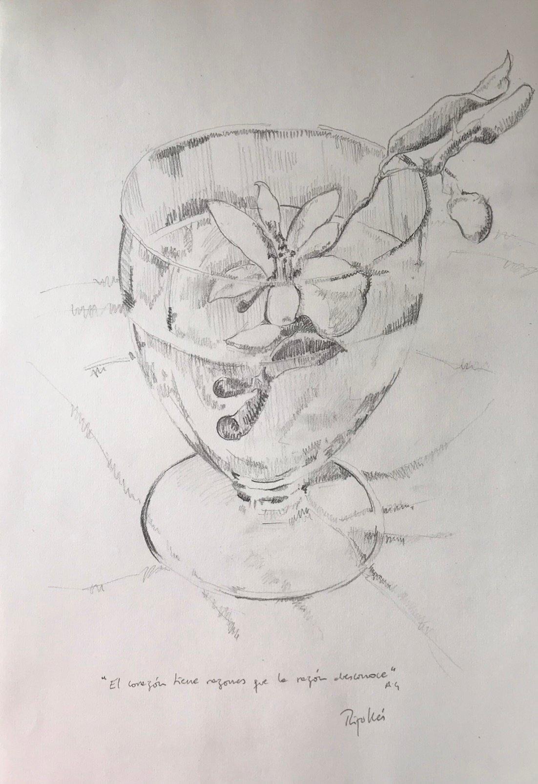 Dibujo a lápiz de grafito de un vaso con una flor que flota en el agua. Transparencias del cristal. Sensibilidad en el trazo. Escrita una cira de Antonio Gala sobre el amor.