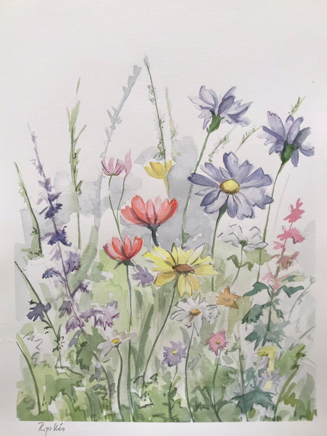 Acuarela de flores silvestres. Una margarita amarilla en primer plano. Colores pastel lila y rojo. Se siente el viento. Gran sensibilidad.