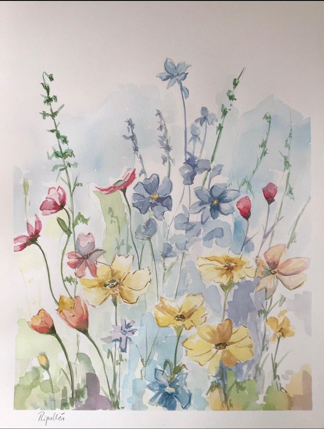 Acuarela en colores pastel de flores silvestres. Amarillos , azules y carmín. Transparencias de la acuarela sobre el papel.