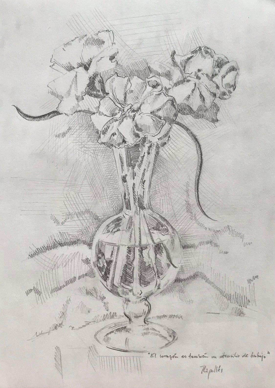 Dibujo de tres flores en un jarrón de cristal, sobre un mantel. Con una cita de Antonio Gala sobre el amor.