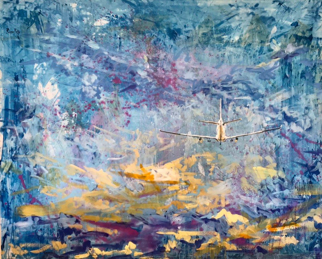 Un avión atraviesa el cielo, en un fondo abstracto de cielo amarillo y azul.