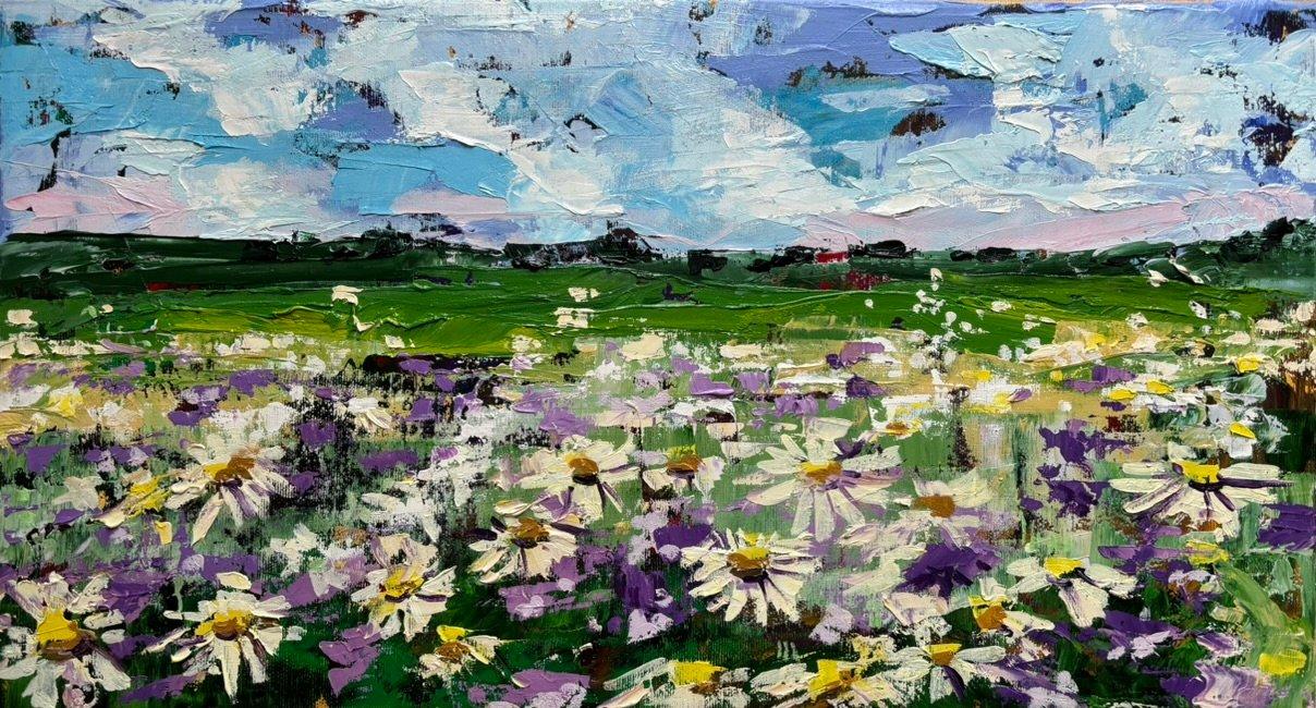 Cuadro impresionista contemporáneo de un campo de margaritas blancas y lilas.