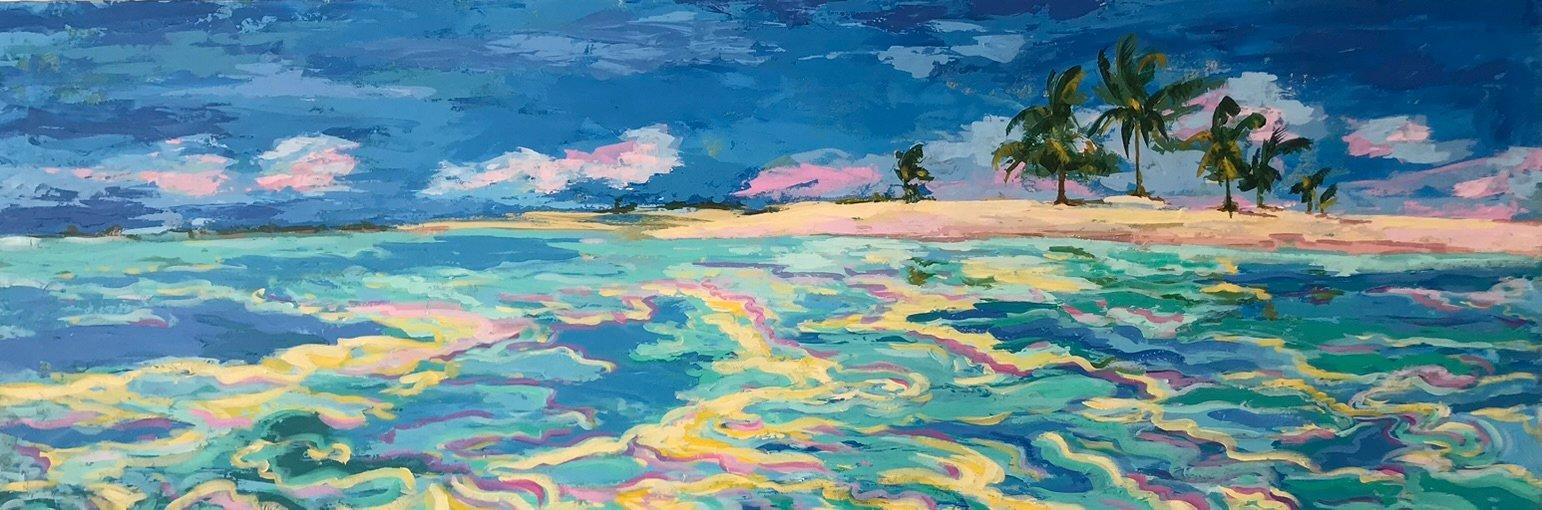 Marina con isla y palmeras al viento.