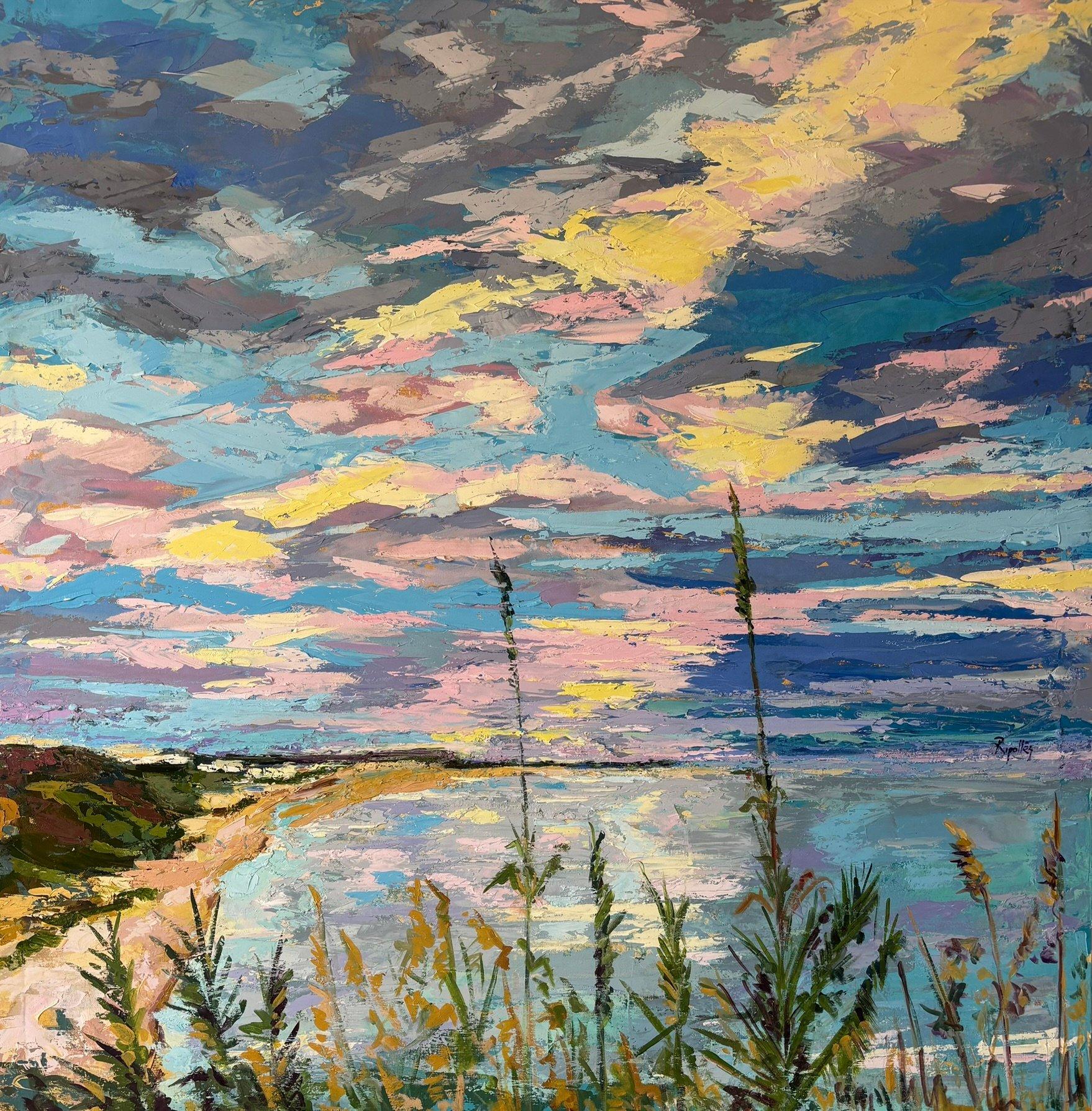 Cuadro impresionista, marina de la vista de la laya desde arriba. Cielo de colores rosa, amarillo y azul. Flores en primer plano.