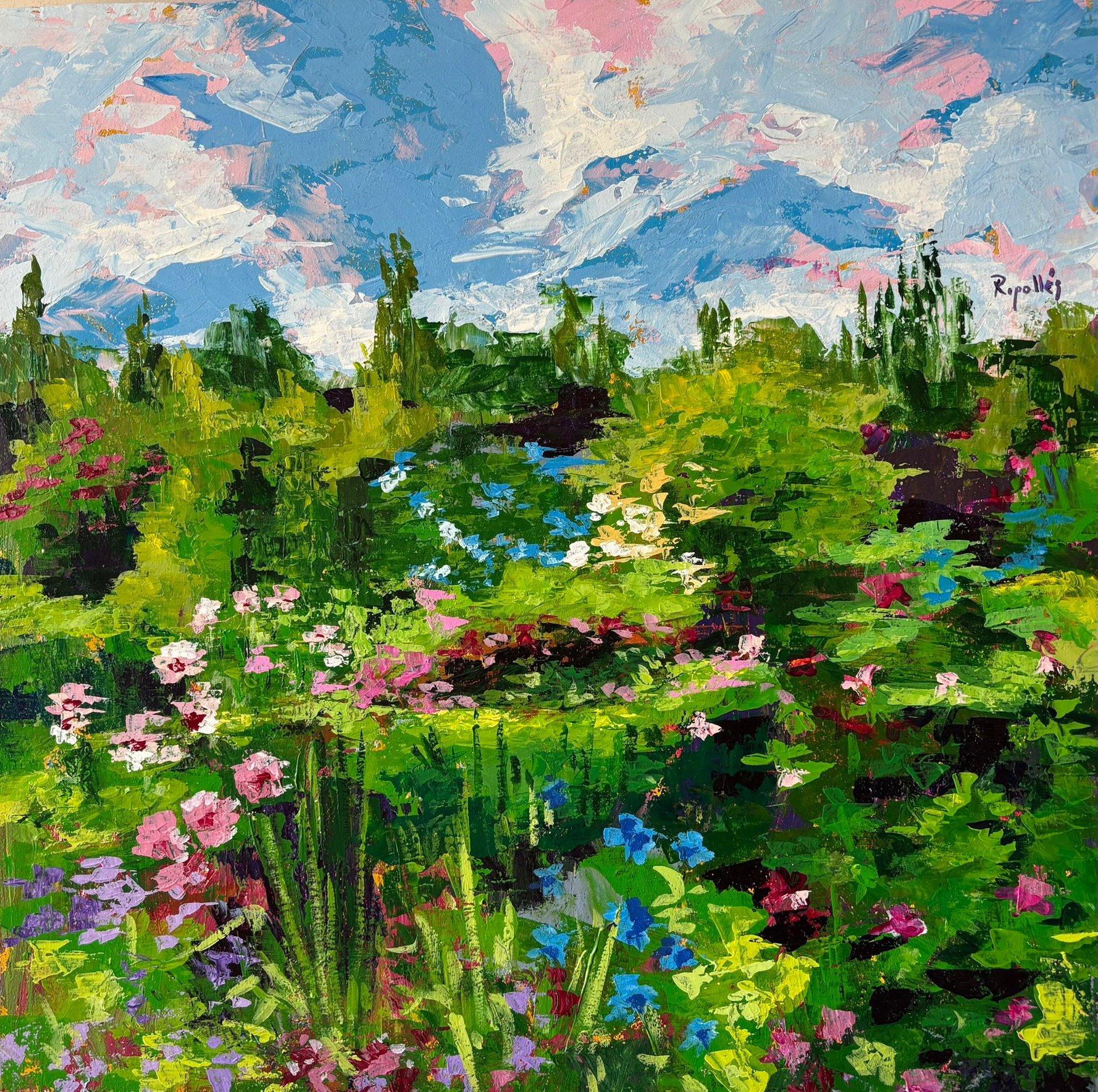 Cuadro de un jardín lleno de flores de color carmín y azul. Los arbustos de verde brillante al sol de un cielo turquesa con nubes rosas. Trazo con textura.