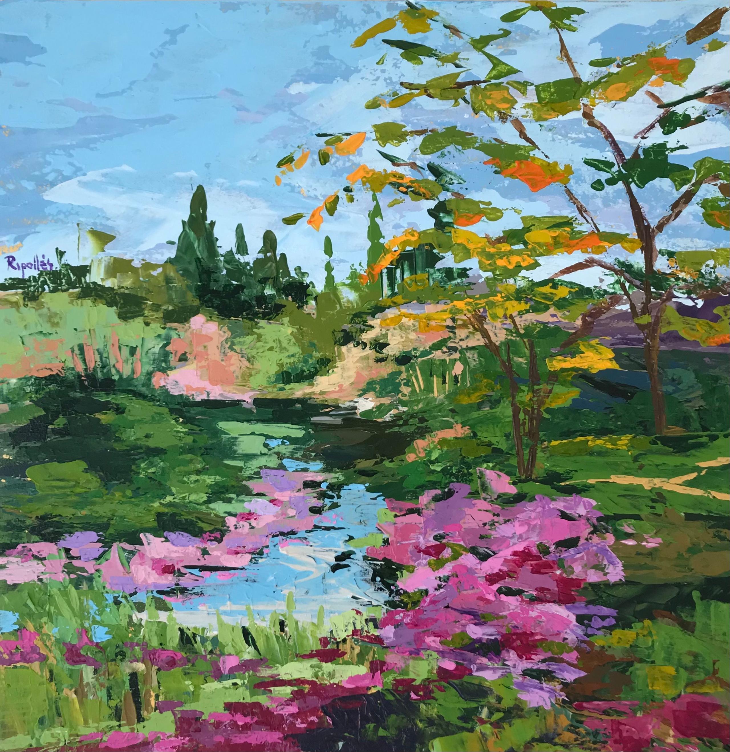 Cuadro de un jardín por el que transcurre un arroyo de agua azul. Las orillas rodeadas de floresy abundante vegetación y árboles.