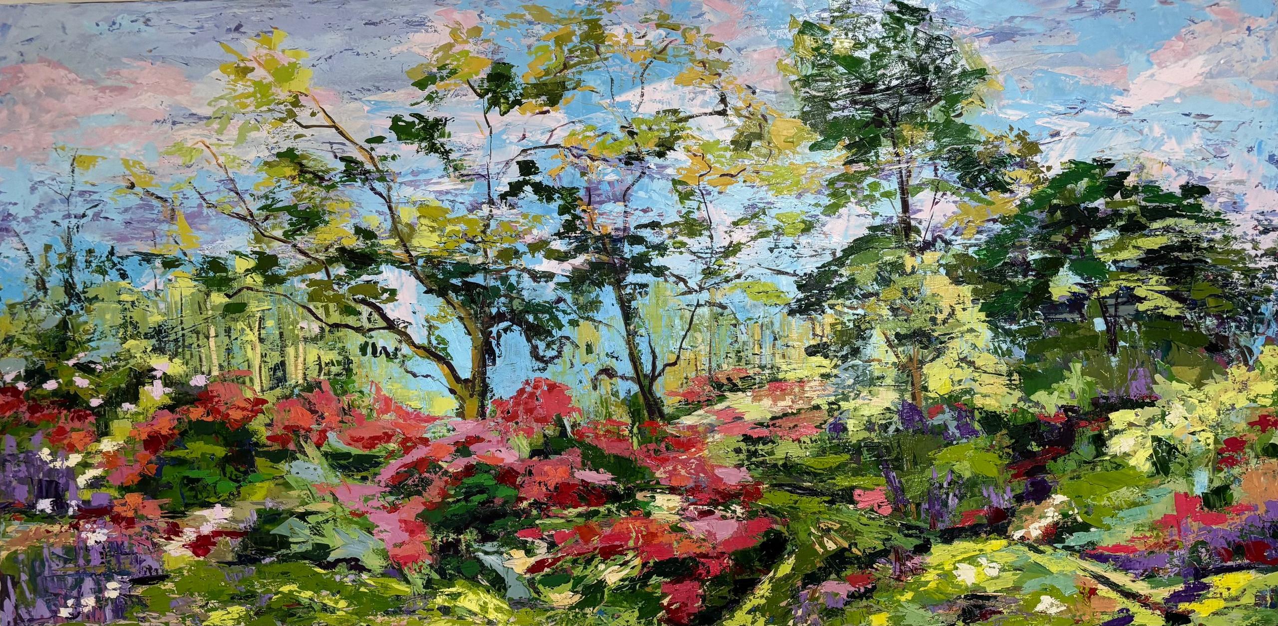 Cuadro de un jardín lleno de flores azaleas carmín. Árboles que llegan hasta el cielo. Impresionismo , fauvista. Colores alegres. Trazo con textura.