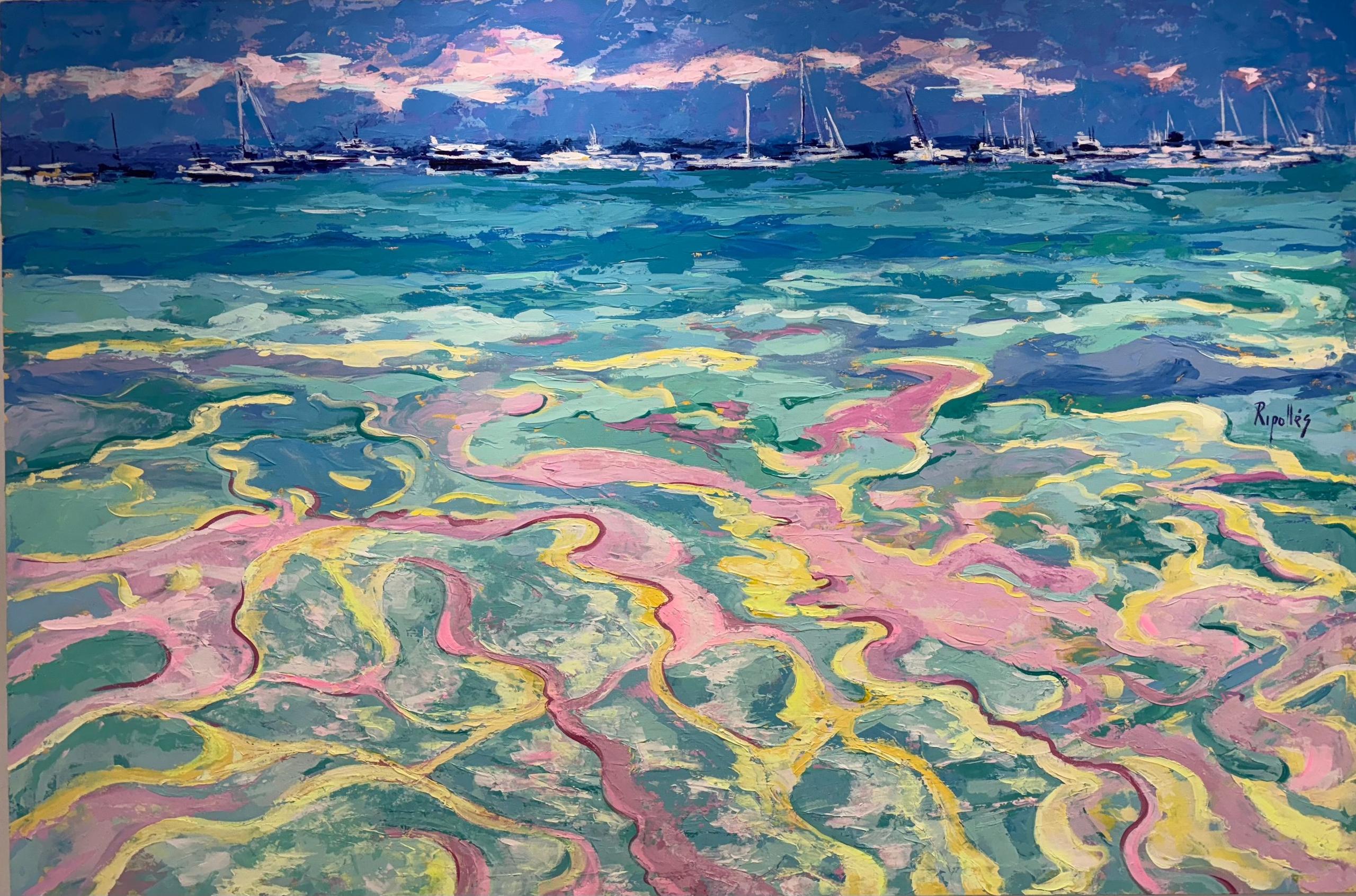 Marina de formato grande. Toda la linea del horizonte llena de veleros fondeados. Mar en clama de colores rosa, verde amarillo y azul. Cielo con pequeñas nubes.