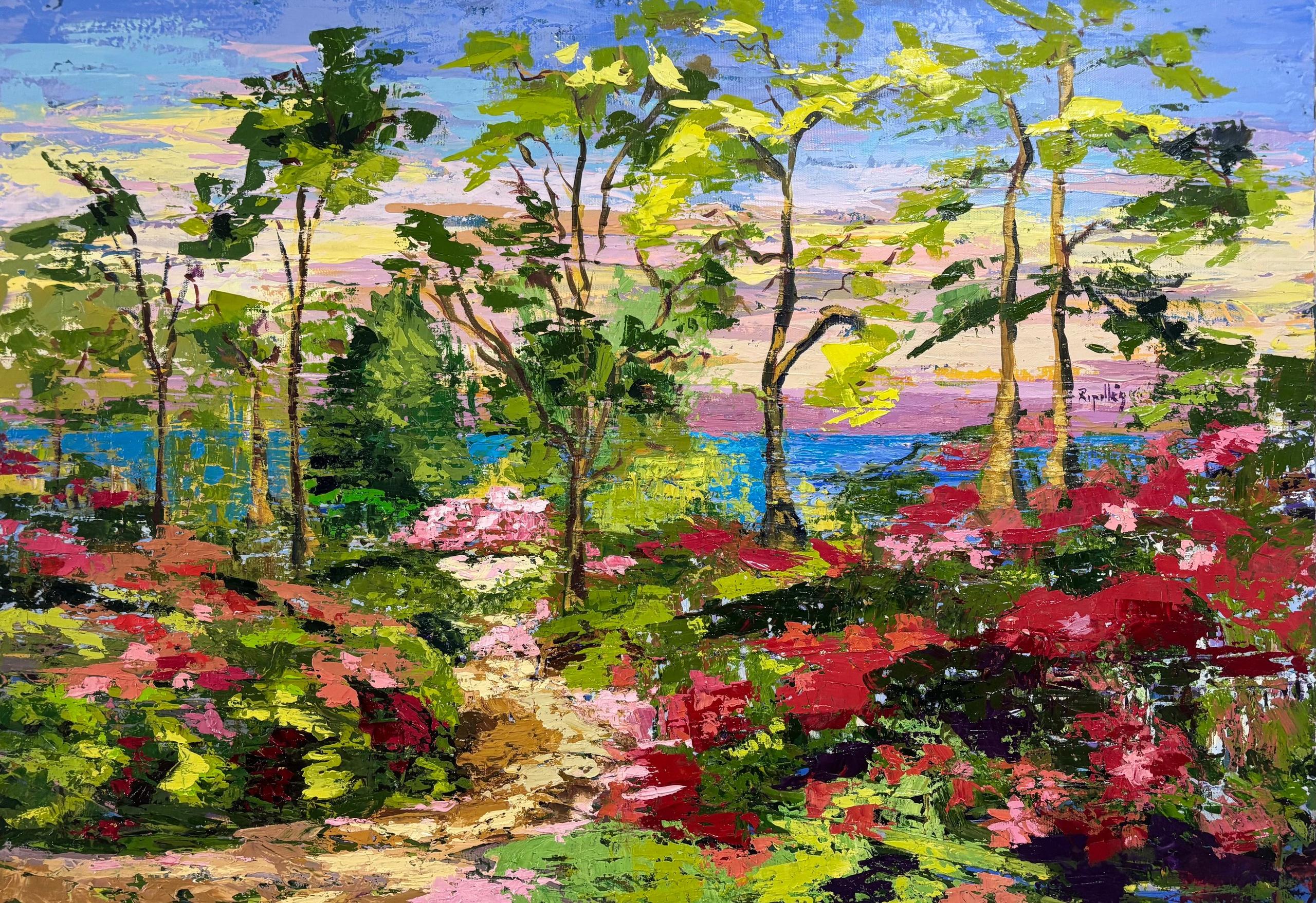 Cuadro de un paisaje de flores azaleas en colores carmín. Árboles frondosos que van a dar al mar en la línea del horizonte.