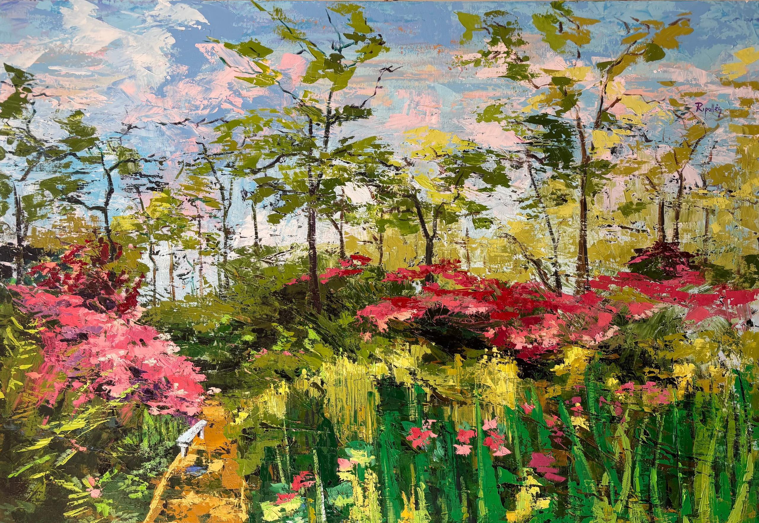 Cuadro impresionista pintado con espátula. Un jardín con sendero que nos introduce en la naturaleza. Flores de colores rosas y amarillas. Cielo despejado y sensación de paz.