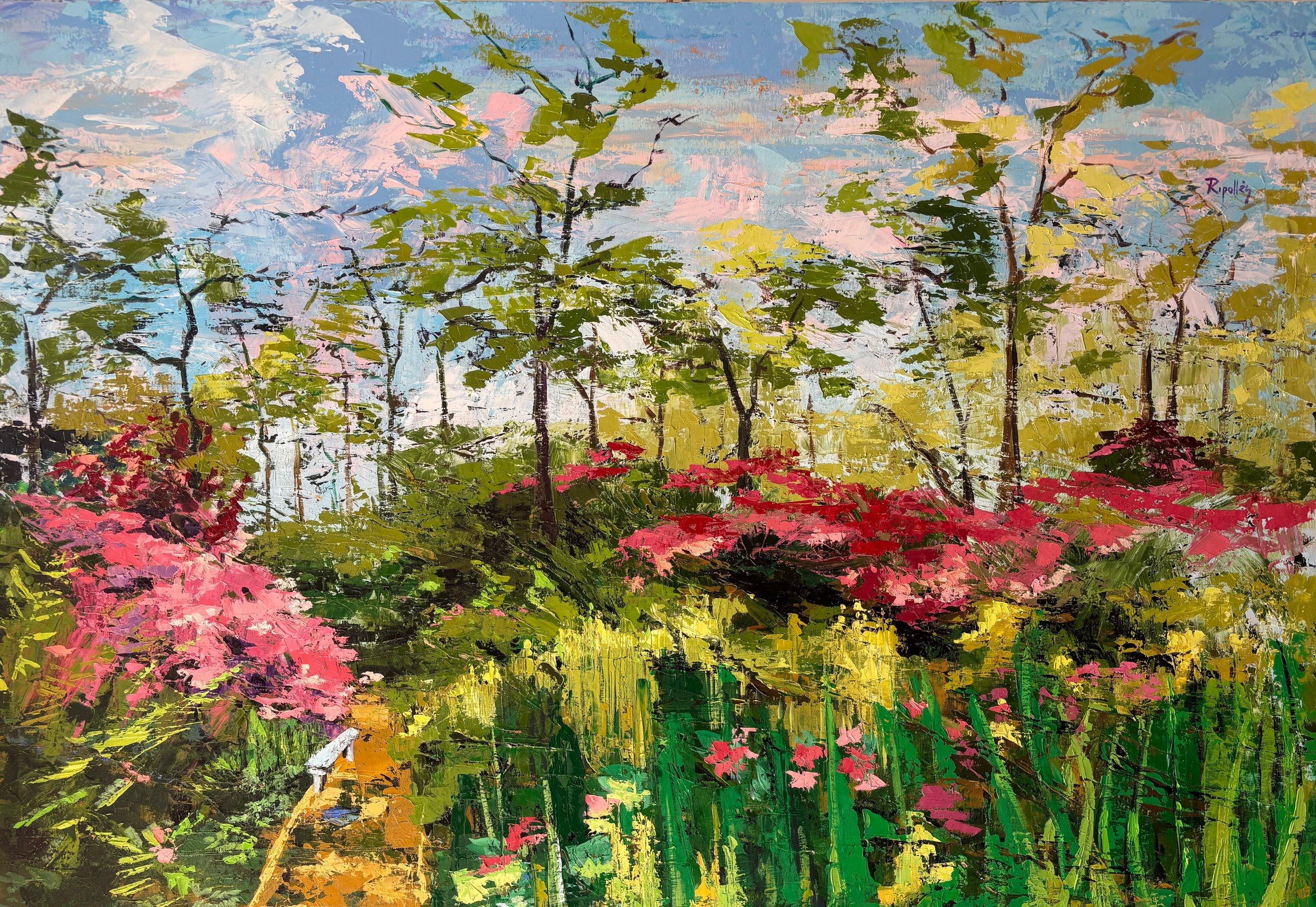 Cuadro impresionista pintado con espátula. Un jardín con sendero que nos introduce en la naturaleza. Flores de colores rosas y amarillas. Cielo despejado y sensación de paz.