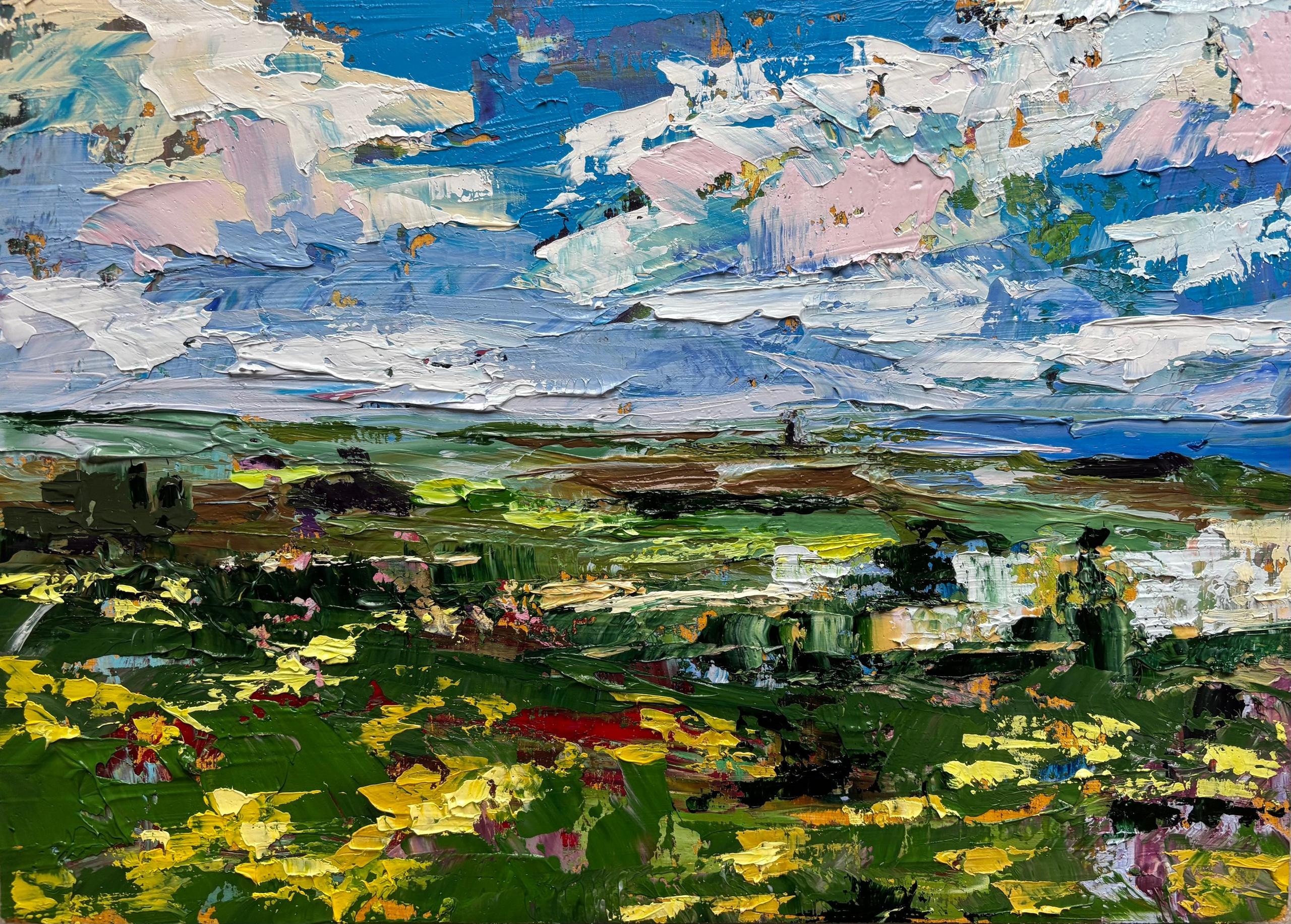 Cuadro impresionista contemporáneo, con textura de un paisaje de campo con una torre en la línea del horizonte