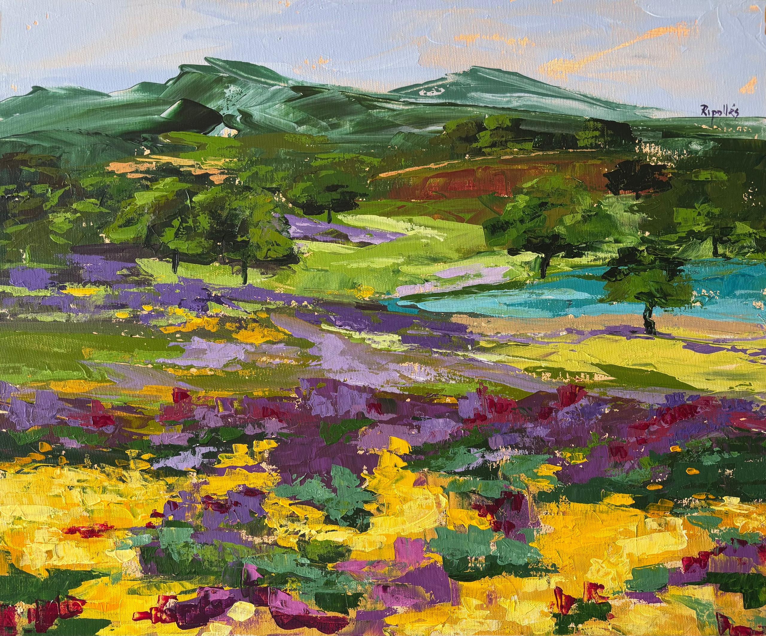 Cuadro impresionista con flores de achicoria amarillas en primer plano. Un lago con encinas . Montañas al fondo y cielo azul despejado.