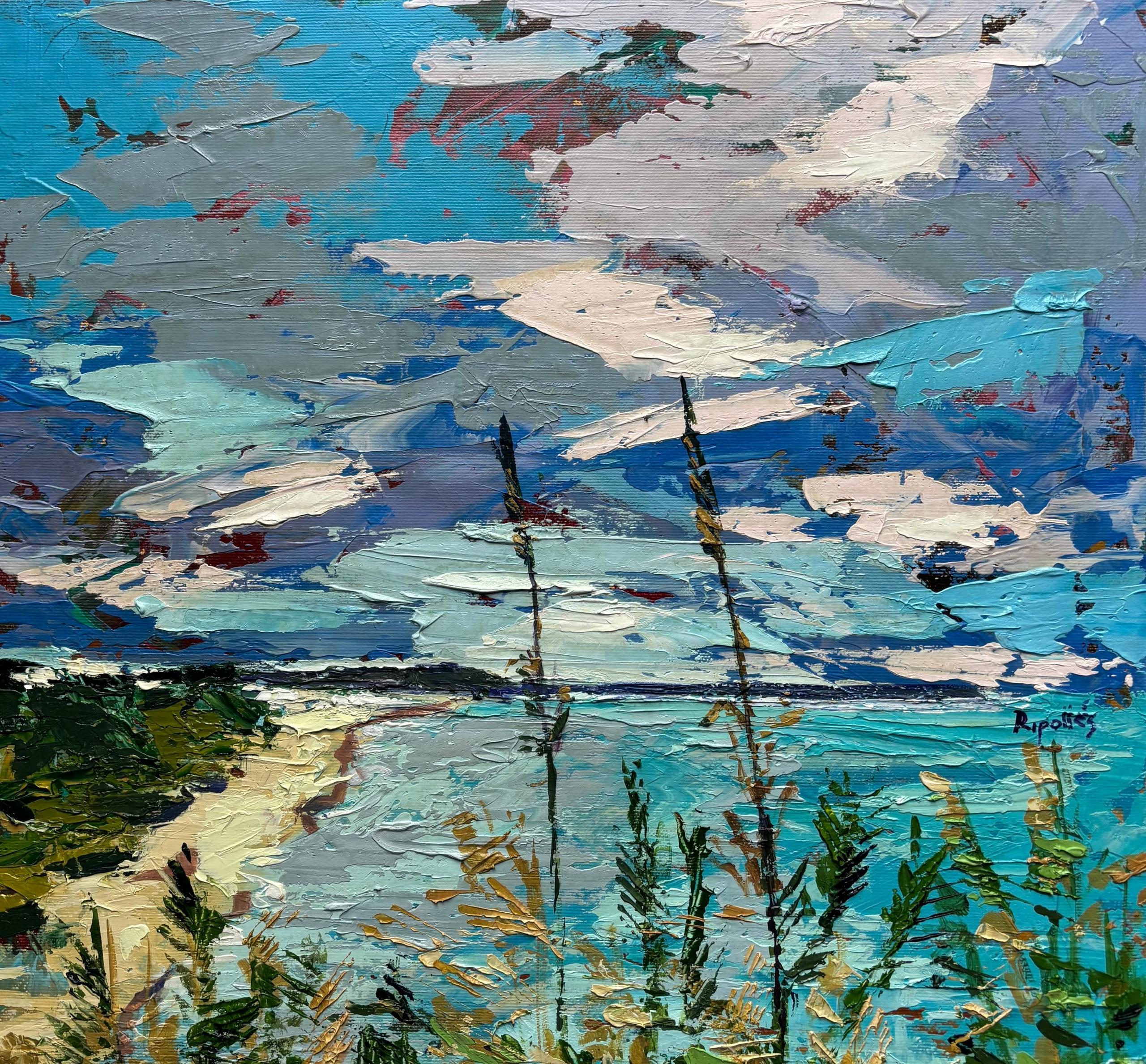 Paisaje de mar con la playa al fondo. Nubes grises tormentosas. Vegetación en primer plano.