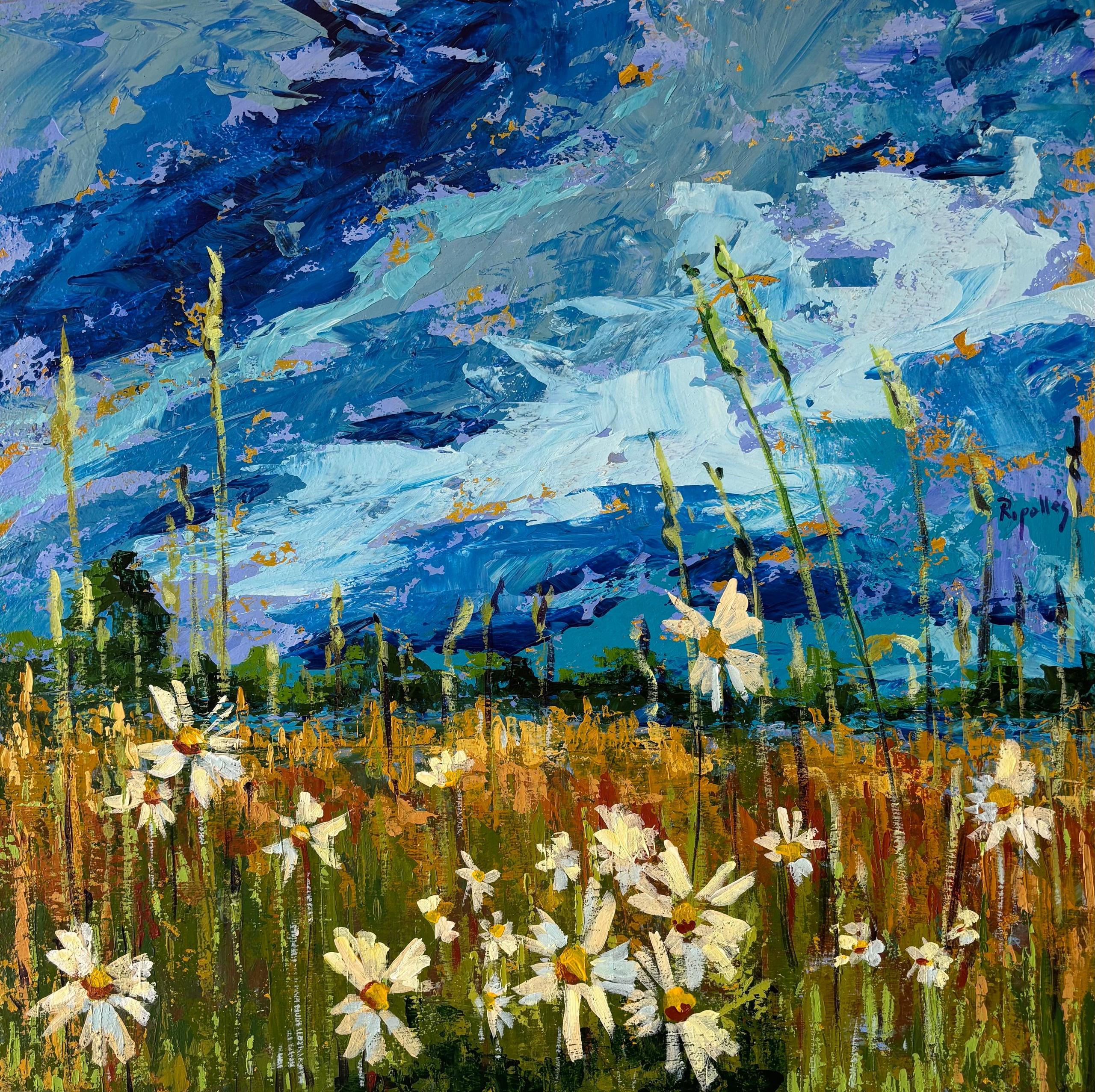 Cuadro de margaritas blancas en un campo de hierbas altas de dolores ocre. Cielo con nubes tormentosas. El viento mece las hierbas. Trazo con textura.