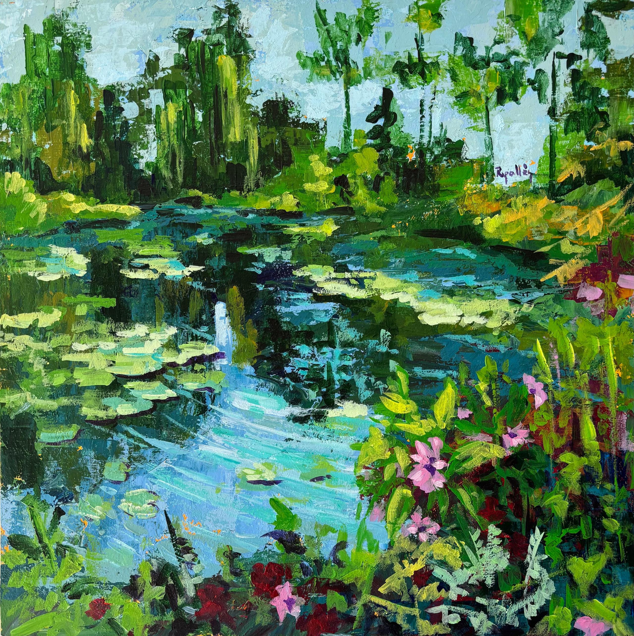 Cuadro de un estanque rodeado de vegetación. Los arboles se reflejan en el agua que hace ondas en las que flotan los nenúfares.