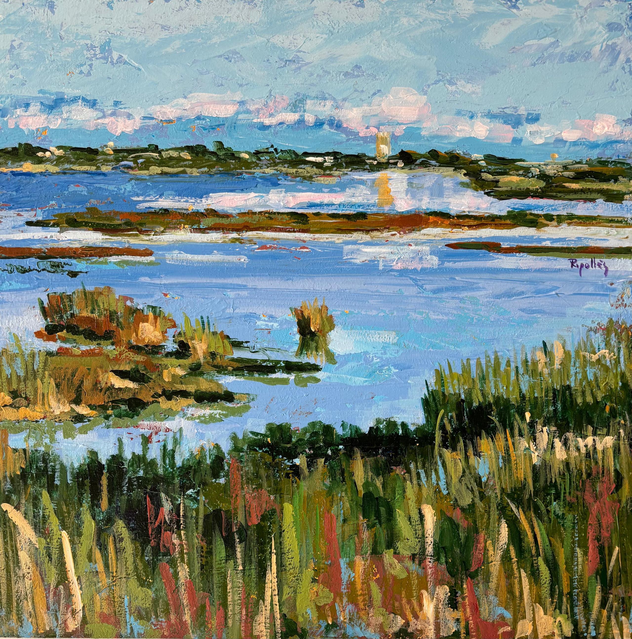 Paisaje de un campo anegado por el agua. En primer plano hierbas en colores tierra y verde. En la línea del horizonte una pequeña torre. El cielo despejado con apenas pequñas nubes.