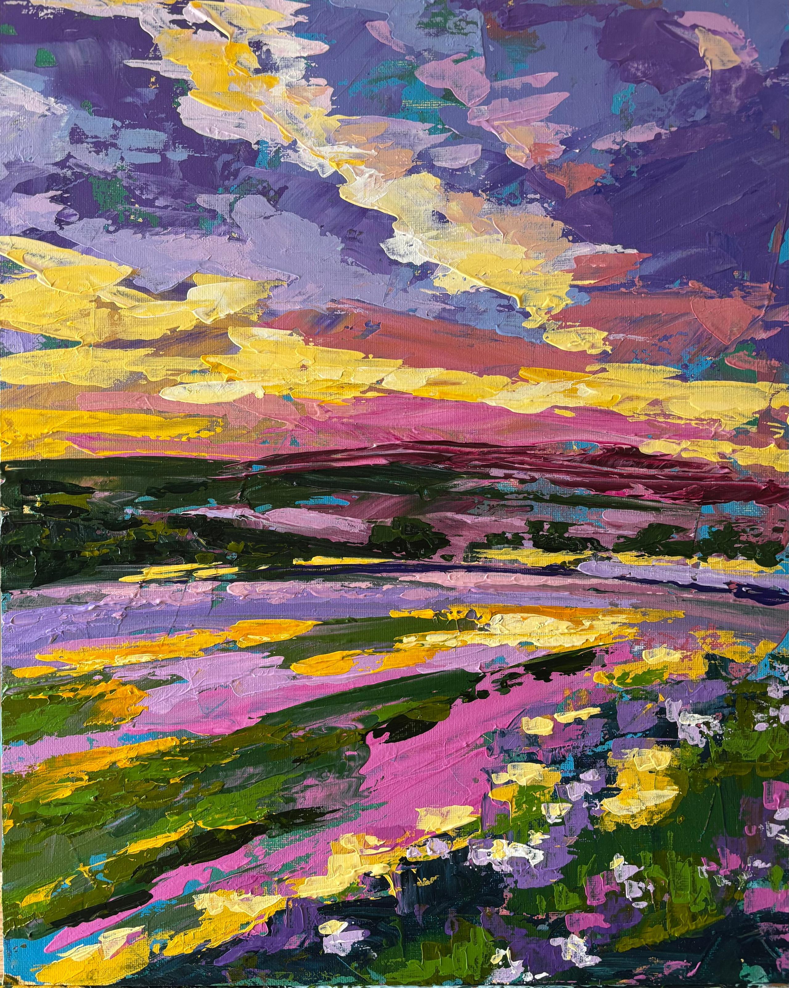 Cuadro impresionista de un campo de lavandas, en el que predominan los colores amarillo y morado brillante. Trazo con textura.