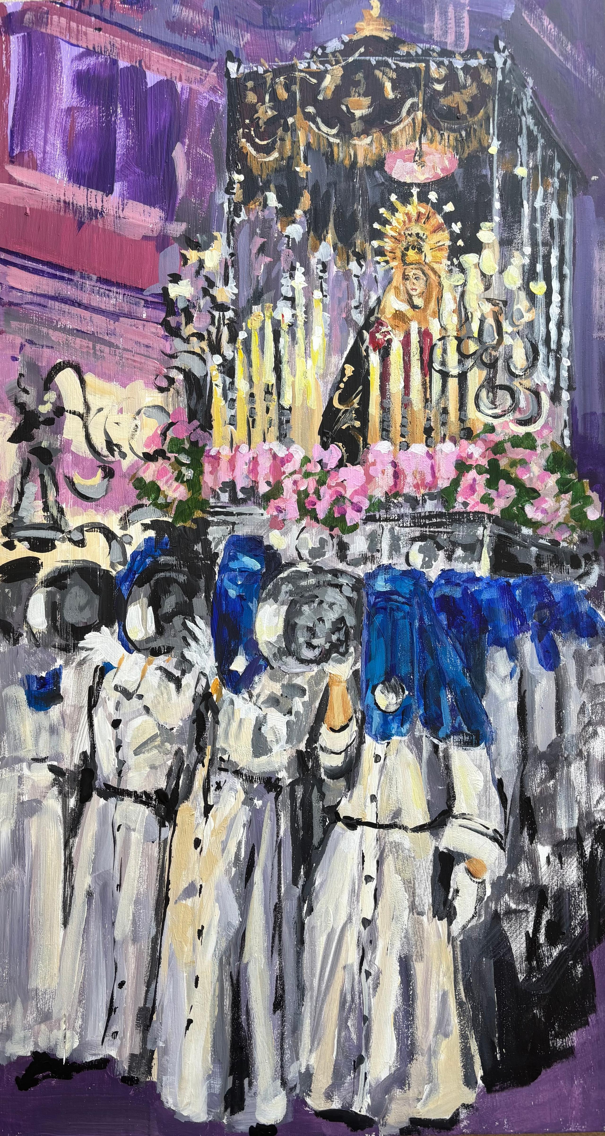 Paso de Semana Santa. Cuadro impresionista de la Virgen de los Dolores por las calles estrechas de Estepona