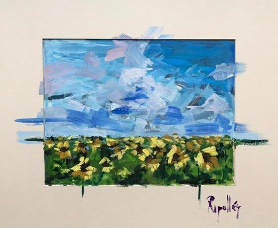 Campo de girasoles extenso. El cielo de azules brillantes con nubes rosas. La firma en el paspartú.