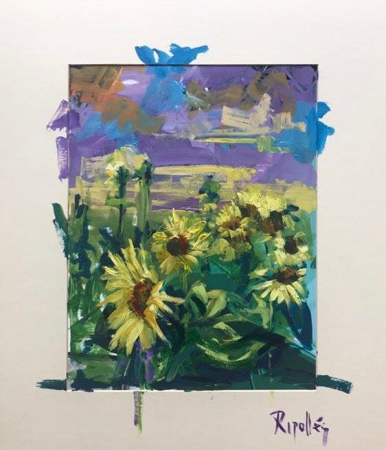 Campo de girasoles color amarillo y verde. El cielo morado con las nubes color azul y rosa.