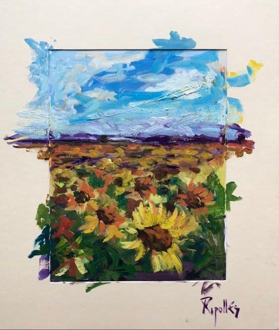 Campo de girasoles. Amarillos , verdes y ocres. El cielo despejado color turquesa. Pincelada suelta y con textura.