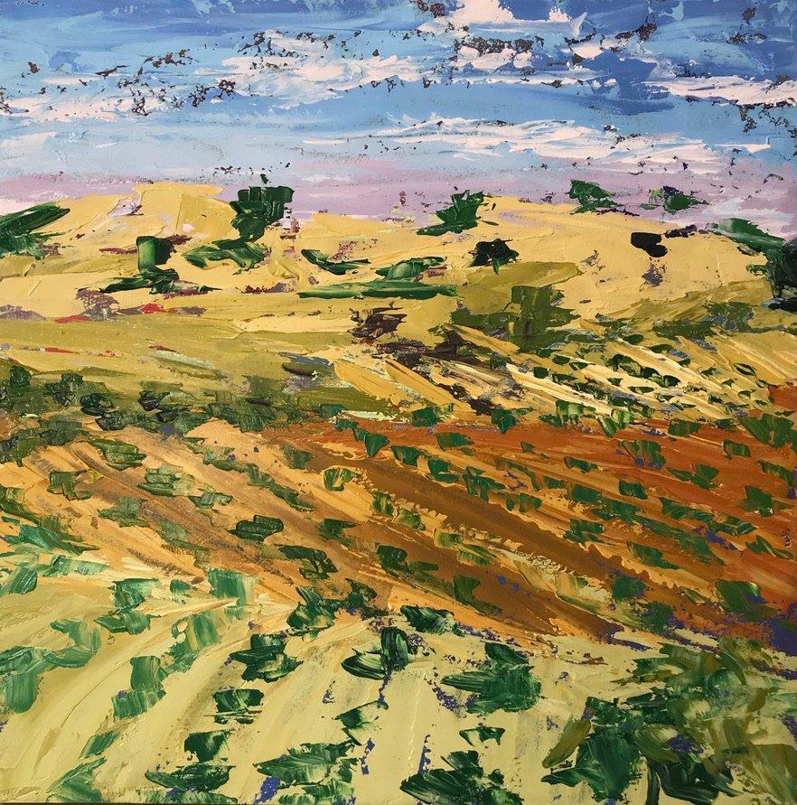 Paisaje de olivos en tonos ocres y verdes. Algunas encinas y un cielo rosa y azul.