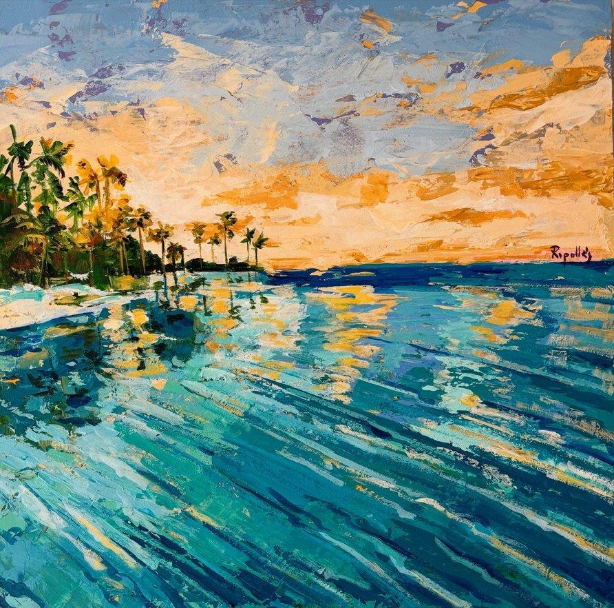 Cuadro de un paisaje de mar turquesa con el cielo naranja y los reflejos del sol en el agua. Trazo con textura.