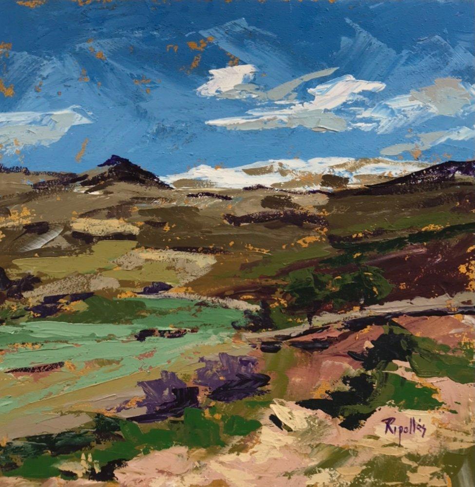 Cuadro de un paisaje de serranía con la nieve en la cumbre. Trazo suelto y con textura.