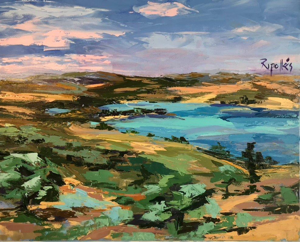 Olivos y un pantano. Cielo con nubes rosas.